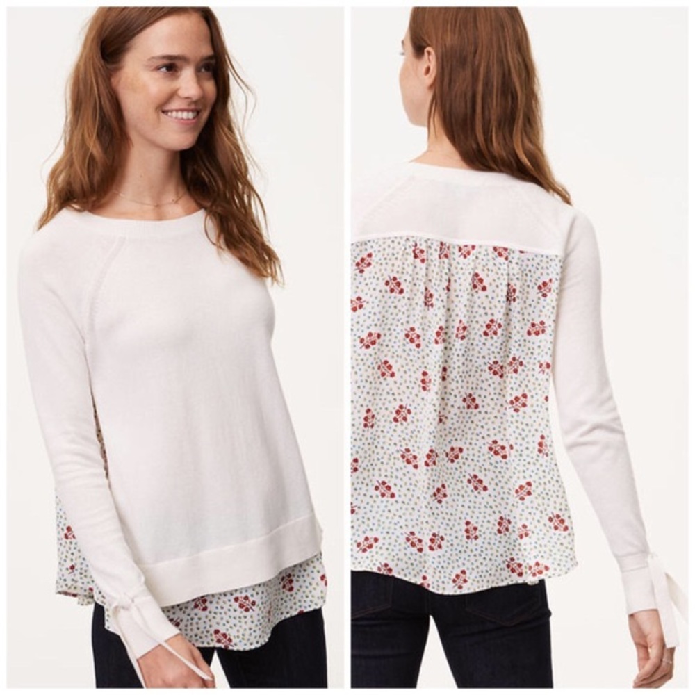 LOFT Mixed Media White Floral Sweater